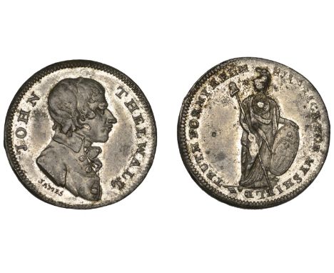 18th Century Tokens, LONDON, Thomas Spence series, mule Halfpenny, in white metal, bust of John Thelwall right, rev. Minerva,