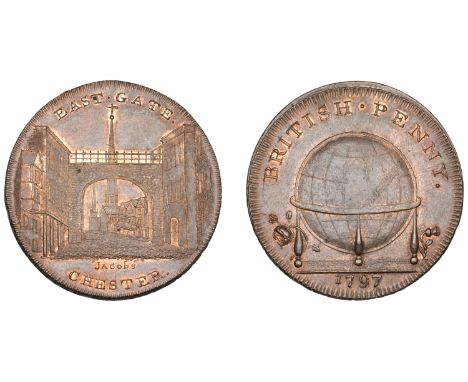 18th Century Tokens, CHESHIRE, Chester, Skidmore’s Globe series, Penny, 1797, frontal elevation of East Gate, rev. from the s