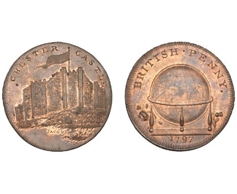 18th Century Tokens, CHESHIRE, Chester, Skidmore’s Globe series, Penny, 1797, frontal elevation of Chester Castle, rev. globe