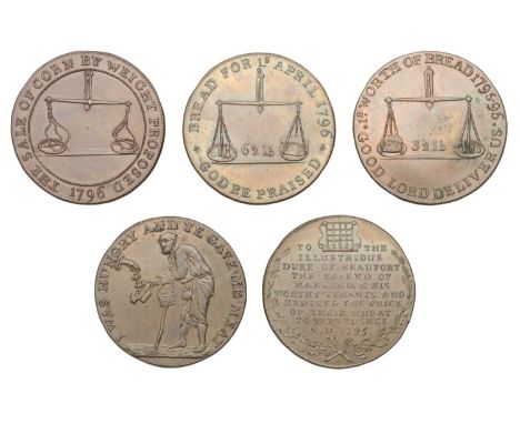 18th Century Tokens, GLOUCESTERSHIRE, Badminton, Kempson’s mule Halfpence (5), wheatsheaf, revs. beggar, 9.31g/6h (DH 44), le