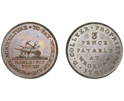 18th Century Tokens, NORFOLK, Wroxham, Rev. Daniel Collyer, Milton’s Threepence, 1797, wheelbarrow containing spade and pick-