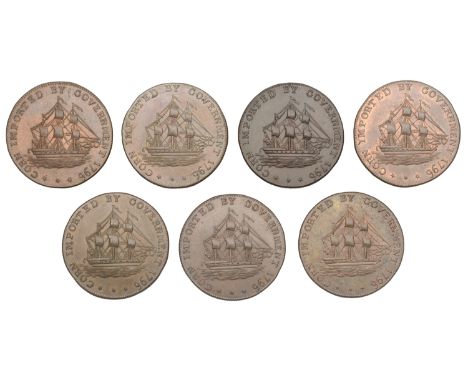 18th Century Tokens, GLOUCESTERSHIRE, Badminton, Kempson’s mule Halfpence (7), ship, revs. beggar, 10.17g/6h (DH 31), legend,