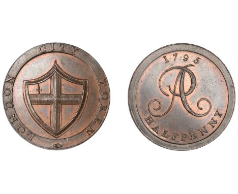 18th Century Tokens, LONDON, Uncertain locality, Peter Anderson, Jorden’s Halfpenny, 1795, City arms, rev. plain pa cypher, e