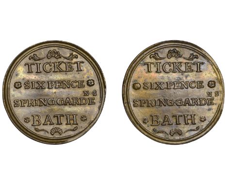 Tickets and Passes, SOMERSET, Bath, Spring Gardens, brass Sixpence, legend both sides, 31mm, 6.49g (MY 79; W 1192). About ext