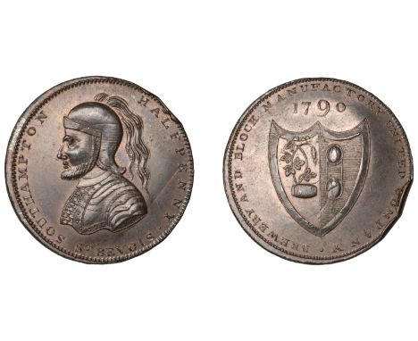 18th Century Tokens, HAMPSHIRE, Southampton, Taylor, Moody & Co, Skidmore’s Halfpenny, 1790, bust of Sir Bevois left, rev. ar