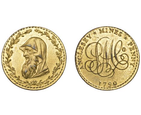 18th Century Tokens, ANGLESEY, Amlwch, Parys Mine Co, Proof Penny, 1790, in gilt-copper, Williams issue, druid’s head left wi