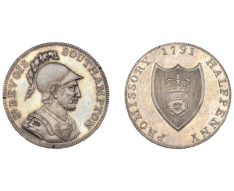 18th Century Tokens, HAMPSHIRE, Southampton, Taylor, Moody & Co, Proof Halfpenny, 1791, in silver, bust of Sir Bevois in helm