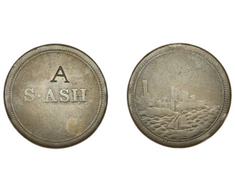 19th Century Tokens, ISLE OF MAN, Douglas (?), S. Ash, a copper ticket (perhaps for a Farthing),  s · ash, rev. Peel Castle, 