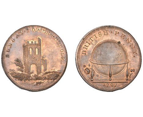 18th Century Tokens, SUFFOLK, Bungay, Skidmore’s Globe series, Penny, 1797, remains of Bungay Tower, rev. globe, edge i promi