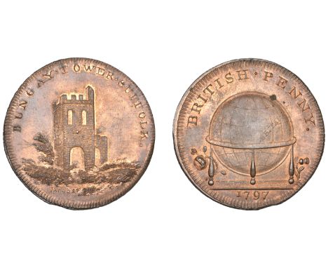 18th Century Tokens, SUFFOLK, Bungay, Skidmore’s Globe series, Penny, 1797, remains of Bungay Tower, rev. globe, edge i promi