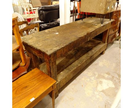 An Antique pine 2-tier work bench, L200cm, H87cm, D59cm 