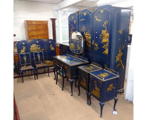 A Chinoiserie blue lacquered and gilded bedroom suite, comprising a 4'6" double bed, 3-door wardrobe, a pair of bedside cabin