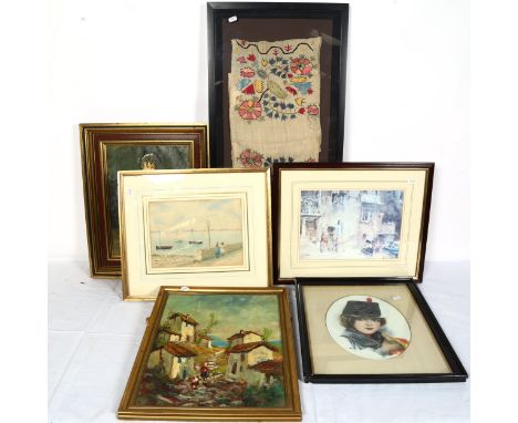 A group of prints and watercolours, including R Walters, watercolour, children by the shore, dated 1891, all framed (6) 