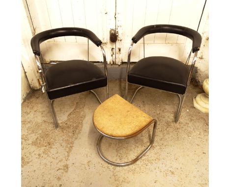 A pair of Art Deco modernist cantilever armchairs, and stool, in the manner of PEL 