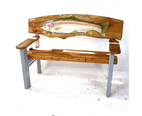 CLIVE FREDRIKSSON - a handmade painted and polished pine bench, with painted fish back panel, W120cm 