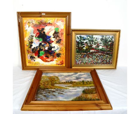 R Middleton, 3 acrylics on canvas and board, landscapes and abstract, signed, framed (3) 