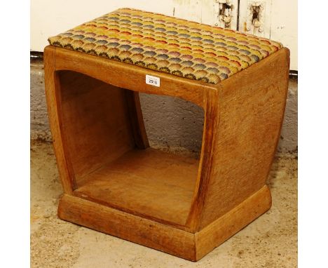 An Art Deco limed oak stool with upholstered seat, in the manner of Heals, W49cm, H45cm 