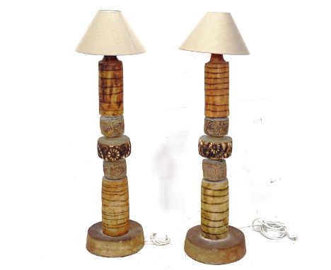 Bernard Rooke, a pair of 1970s brutalist stoneware 6-section totem lamp bases, both with impressed maker's marks, and shades,