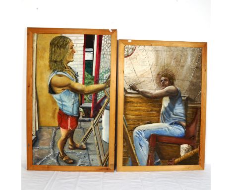 G R Childs, 4 large oils on canvas, various figures, framed, largest overall 105cm x 65cm (4) 