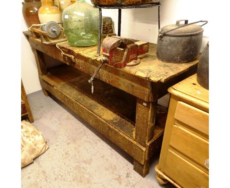A pine 2-tier work bench, with fitted vice, L200cm, H85cm, D59cm 