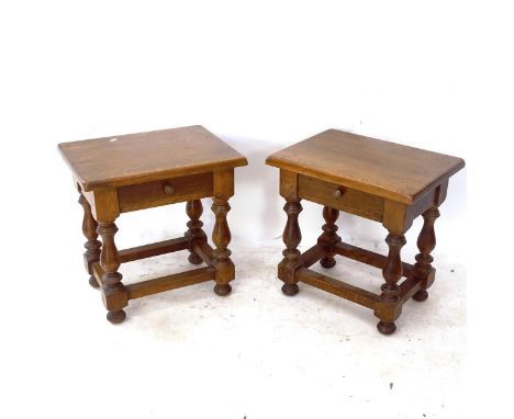 A pair of oak rectangular lamp/side tables, on baluster legs, W52cm, H54cm, D40cm 