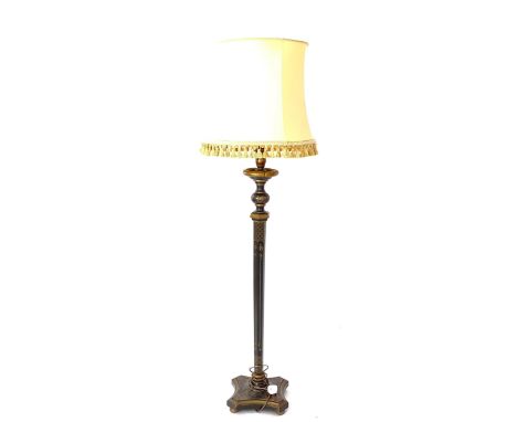 An Oriental design green lacquered and chinoiserie decorated standard lamp and shade, height including shade 190cm 