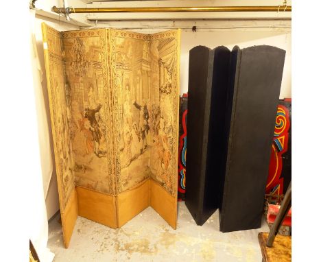 A tapestry panelled 4-fold draught screen, and a brass studded rexine panelled 4-fold draught screen 