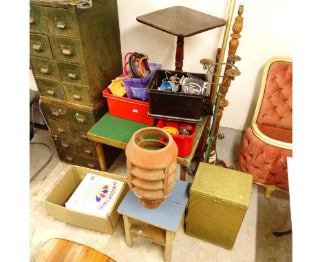 A folding card table, a chimney pot, a giltwood curtain pole, a folding table, a standard lamp etc 