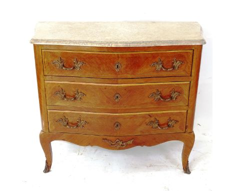 A French walnut serpentine-front 3-drawer commode with grey marble top, width 104cm, height 85cm 