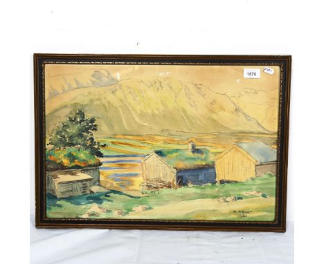 R Adler, watercolour, extensive landscape, signed and dated 1921, framed, overall 40cm x 58cm 