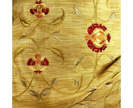 A pair of brown silk and floral stitched lined curtains, drop 206cm, width 300cm approx 