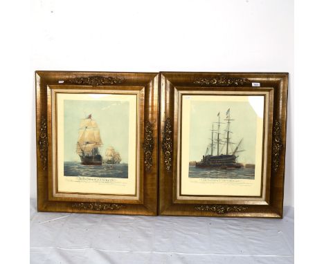 An early 20th century coloured print, Trafalgar 2.30pm, after William Wiley, framed, 76cm x 105cm, and a pair of coloured pri