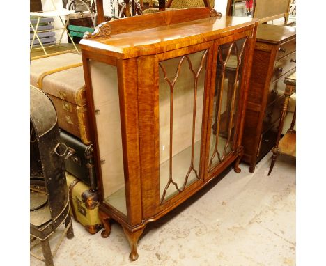 An Art Deco 1930s walnut glass display cabinet with 2 glazed doors, W120cm, H130cm, D34cm 