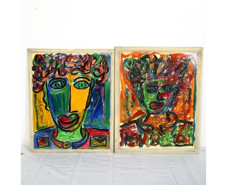 Royston Du Maurier-Lebek, 2 acrylics on board, abstract portrait studies, signed, framed, overall 54cm x 44cm (2) 
