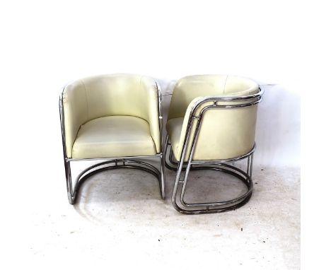 A pair of 1930s Art Deco modernist tubular steel cantilever tub chairs, with unusual twin-tube design