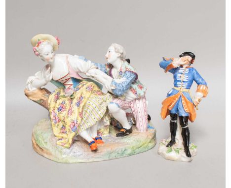 A Continental Meissen Style Porcelain Figure Group, late 19th century, depicting a courting scene with rural lovers, pseudo c