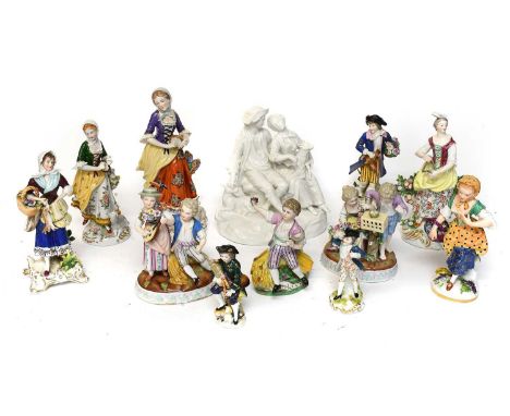 A Collection of Continental Porcelain Figures, mainly 19th century, including a white glazed group depicting rustic lovers af