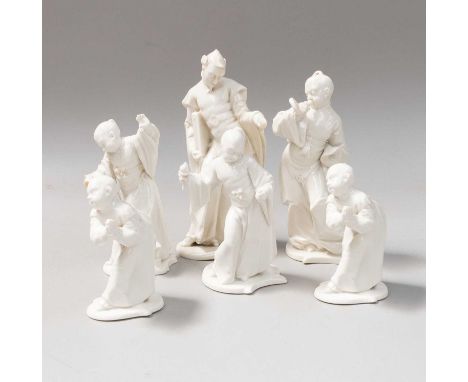Six Nymphenburg White Porcelain Figures, 20th century, chinoiserie studies on flat scroll moulded bases, shield marks (6)