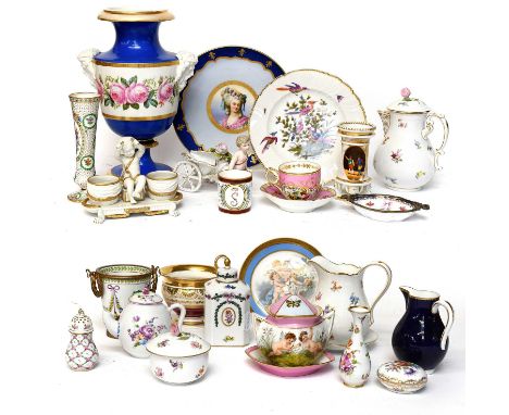 A Collection of 19th Century and Later Continental Porcelain, including a Paris vase, with parian mask handles, blue ground a