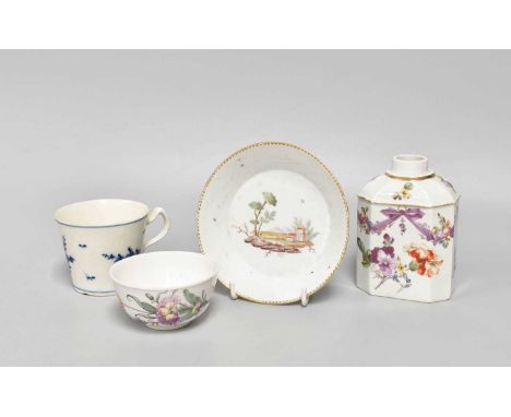 A Nymphenburg Porcelain Tea Bowl, circa 1750, painted with flower sprays, impressed mark, 7.5cm diameter, a Niderviller sauce