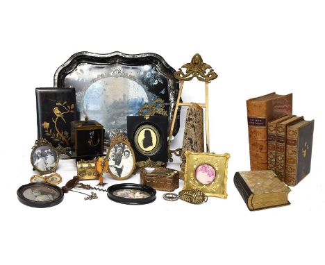 A Metal Serving Tray and Assorted Collectables, including a carved and polished marble obelisk, lacquered wood novelty model 