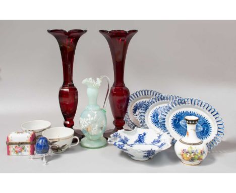 A Pair of Bohemian Ruby Glass Vases, two Wallendorf porcelain cups, Japanese Artia dish, three small pearlware stands etc. (o