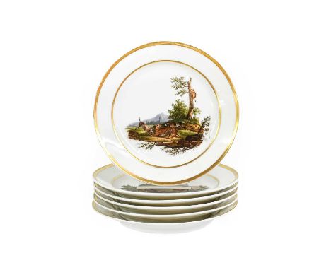 A Set of Six Paris Porcelain Fables Plates, 19th century, painted with titled scenes after Jean de la Fontaine within gilt li