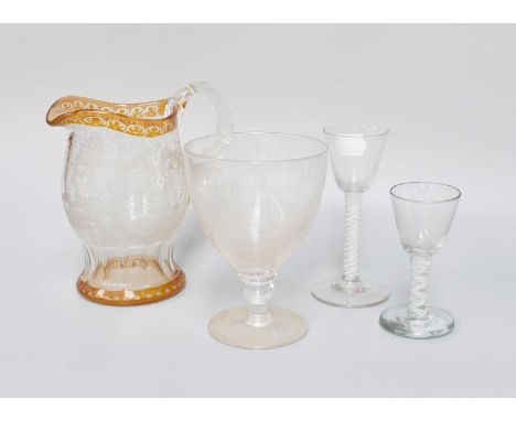 A George III Firing Glass, Circa 1770, with funnel shaped bowl on opaque twist stem 11.5 cm, together with a similar wine gla