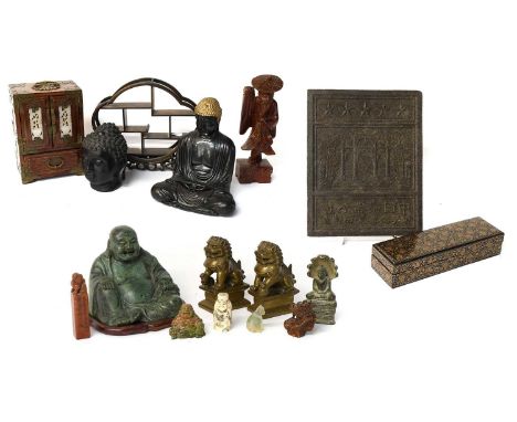 A Collection of Modern Decorative Asian Art, including a brass-mounted table cabinet with jade panels, 25cm high, a hardwood 