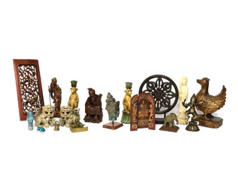 A Collection of Mainly Modern Decorative Asian Art, including a pair of novelty figural monkey candlesticks, gilt wood sculpt