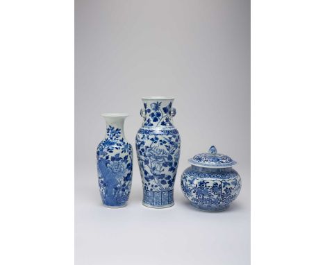 TWO CHINESE BLUE AND WHITE VASES AND A JAR AND COVERLATE QING DYNASTYAll decorated with birds, flowers and butterflies, two w