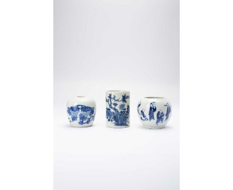 A CHINESE BLUE AND WHITE BRUSHPOT AND TWO OVOID VASESLATE QING DYNASTYVariously decorated with birds, flowers, figures and fr