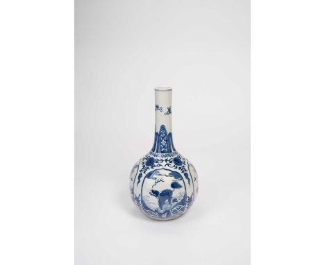 A CHINESE BLUE AND WHITE BOTTLE VASELATE QING DYNASTYPainted with two panels of qilin divided by panels of antique vases, a s