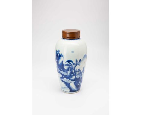 A CHINESE BLUE AND WHITE REDUCED VASE KANGXI 1662-1722The ovoid body painted with small figures in a mountainous river landsc